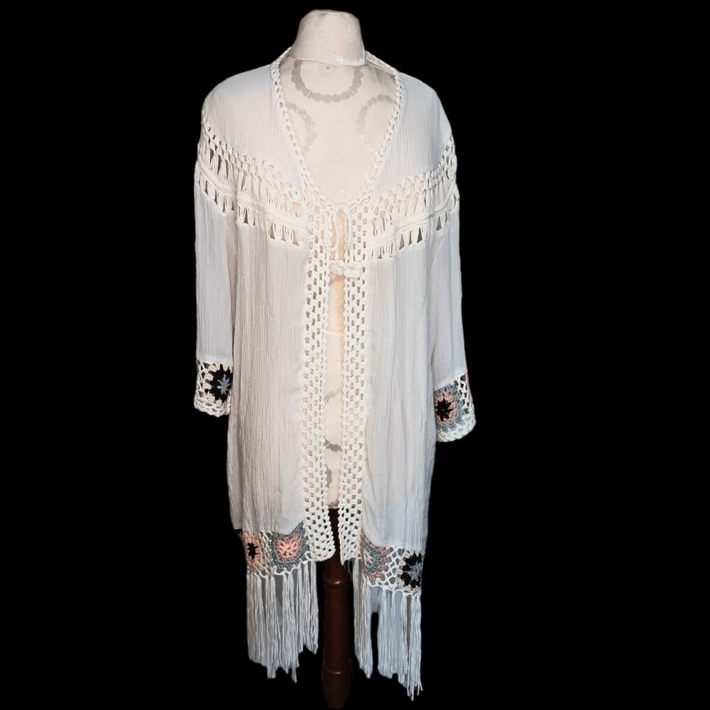 Oliver Boho Fringe Crochet Open Front Cardigan Swimsuit Cover Up Size XL